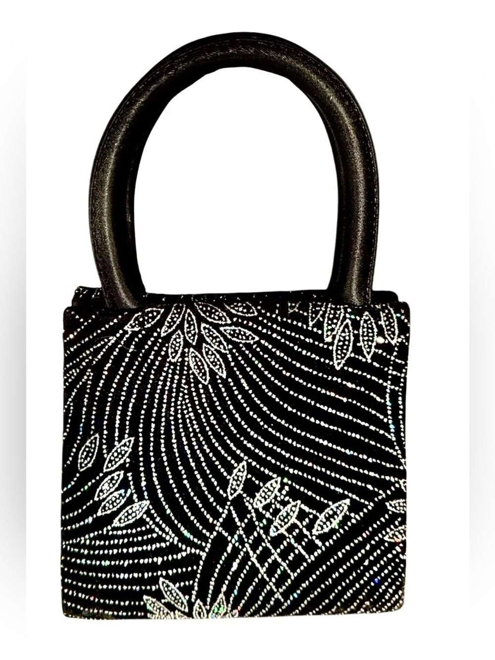 Vintage Romar International Iridescent Rhinestone Evening Bag Black Satin 80s